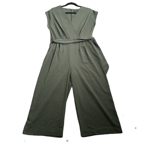 Dunnes olive green crop wide leg vneck cress cross crepe jumpsuit size 12 - Picture 1 of 11